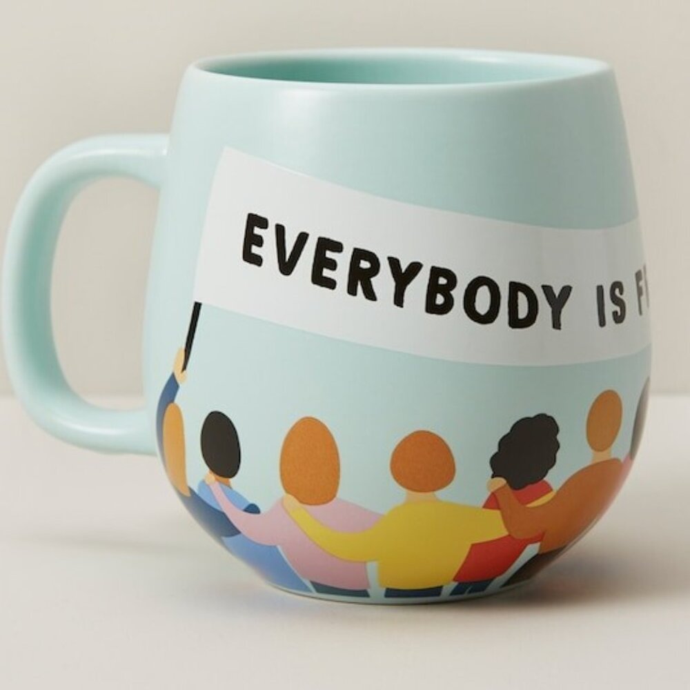 14 Oz. Indigo Ceramic Green Banner Mug “Everybody is Free to Love” Tea Coffee